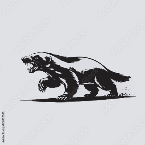 Black and white graphic of a wolverine snarling and running animal wildlife