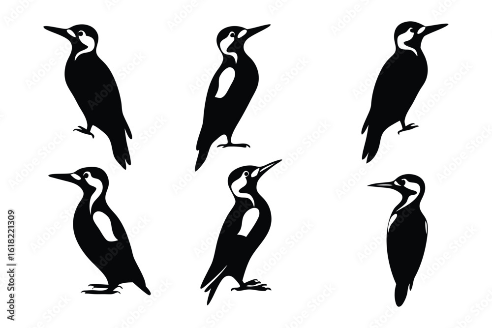 Naklejka premium Silhouette Woodpeckers: A collection of silhouette woodpeckers, capturing their distinctive forms, against a neutral background.