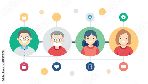 Flat design family illustration social network concept with connected icons and avatars representing different generations and personal preferences or settings