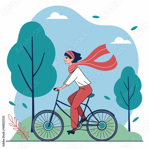 Cycling Amidst Nature: A vibrant illustration captures the essence of leisure and freedom as a cyclist enjoys a scenic ride, the wind playfully tousling hair against a backdrop of verdant trees.