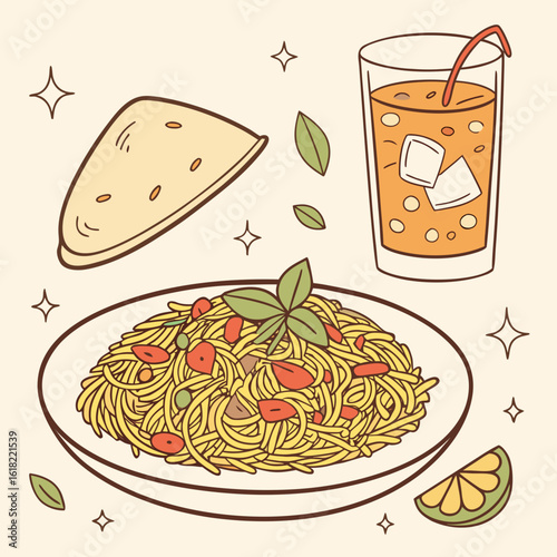 Delicious Food Illustration: A mouthwatering depiction of a plate of spaghetti, along with a refreshing beverage and a flatbread, presented as an appetizing illustration.