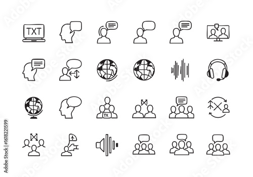 Communication Icons Set Line Style Business Concepts Global Network Online Conference Call Text Translation and Interaction Symbols