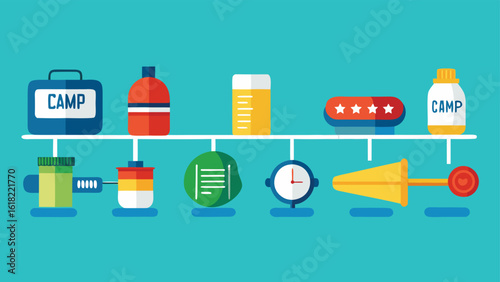 Flat vector camping equipment illustration featuring toolbox,water bottle,first aid kit,compass and clock on blue background