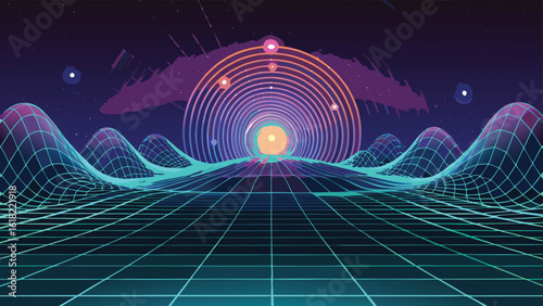 Futuristic vaporwave landscape with wireframe mountains and cosmic portal evoking nostalgia for retro gaming and electronic music era