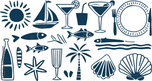 Navy blue summer themed icons including sailboat fish drinks and palm tree on a white background