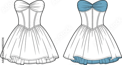 Vector strapless dress front views in white and blue—flared skirt fashion design with fitted bodice and contour garment details