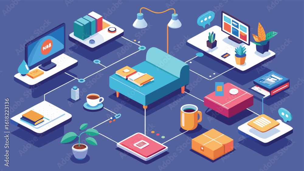 Isometric home office network illustration showing desk computer couch and connected devices representing remote work and digital connectivity for productivity Isometric home office network illustration showing desk computer couch and connected devices representing remote work and digital connectivity for productivity