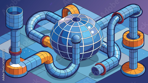 Isometric illustration of futuristic structure with spherical element and interconnected pipes design concept vector blue tones