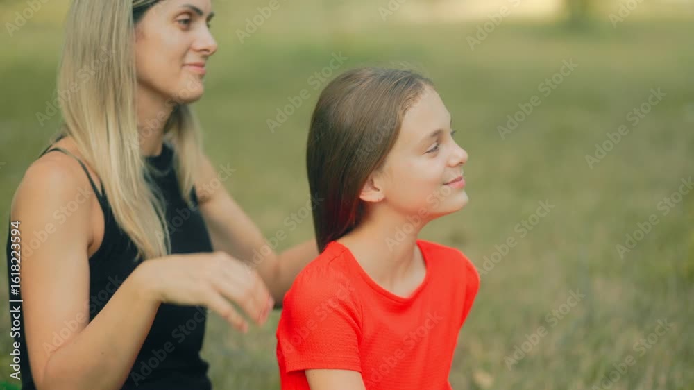 Mom grooms daughter is hair with care in heartwarming family moment outdoors Mom grooms daughter is hair with care in heartwarming family moment outdoors