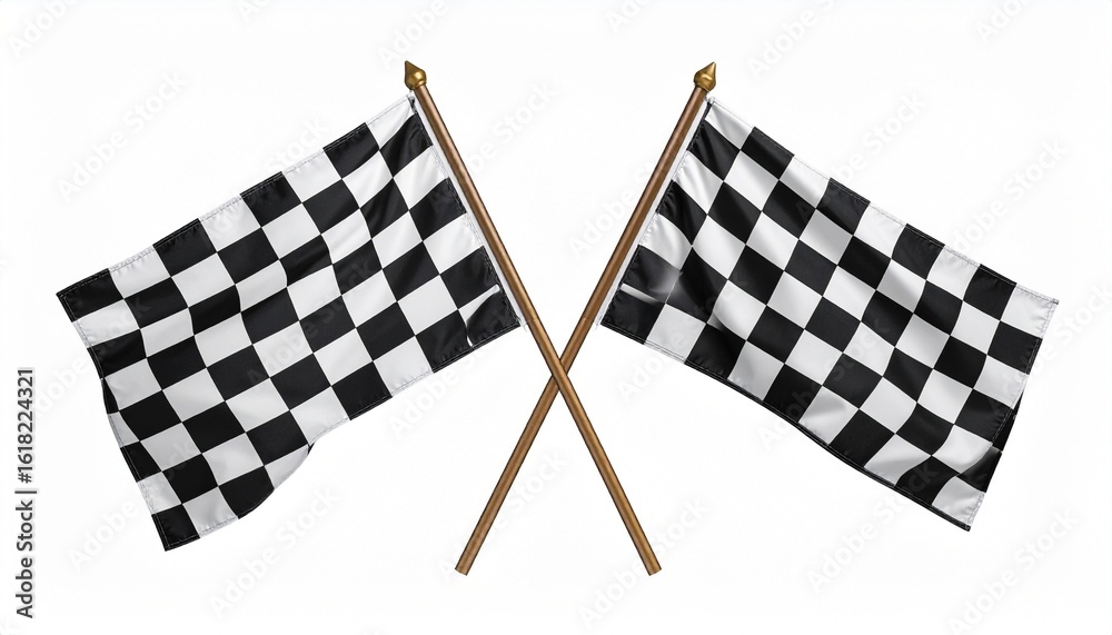Fototapeta premium Crossed checkered race flags on gold-tipped wooden poles, classic motorsport victory symbol on neutral background