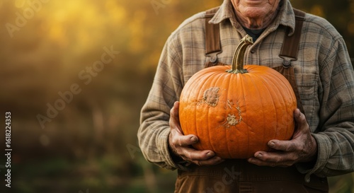Elderly farmer holding ripe pumpkin in autumn garden at harvest time