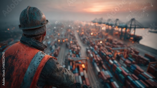Worker overlooking a busy port at sunset.  Abstract data overlays