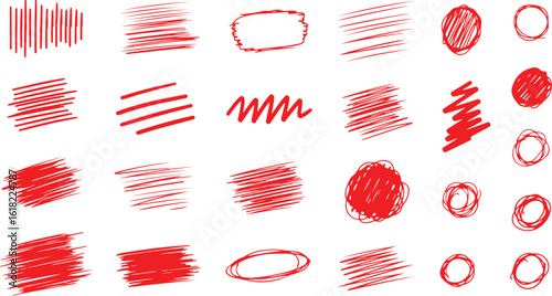 Collection of red scribble shapes and lines isolated on transparent background