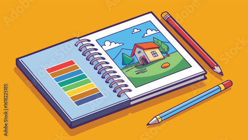 Open sketchbook with landscape drawing and pencils art supplies on yellow background creative drawing illustration vector artwork