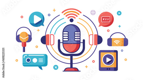 Podcast equipment and digital media assets illustration for podcasting and content creation broadcasting a colorful design vector