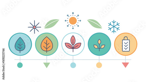 Seasons cycle timeline diagram with spring summer autumn and winter represented by leaves sun snowflake and shopping bag vector illustration