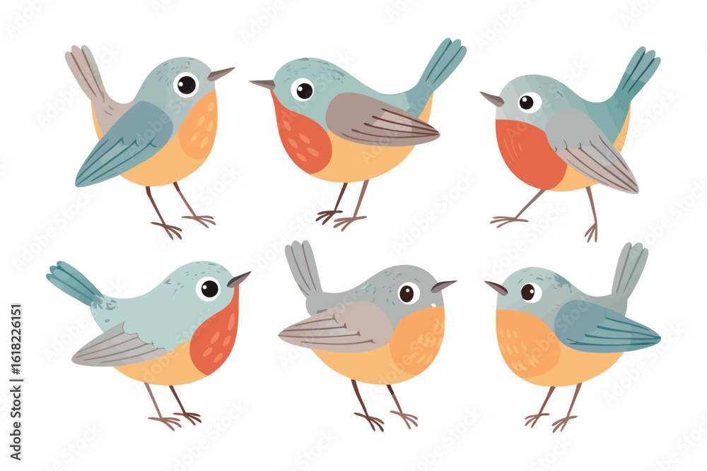Fototapeta premium Animated Bird Array: A vibrant illustration showcases a charming array of petite, animated birds, each delicately rendered and bursting with delightful colors and expression.