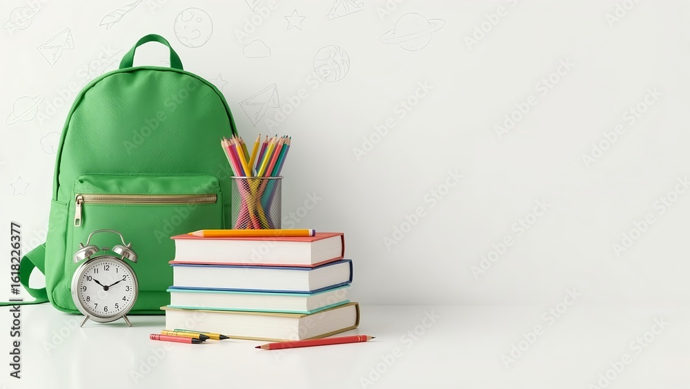 custom made wallpaper toronto digitalGreen backpack with books, colored pencils and alarm clock on white background with school-themed doodles. Ideal for back to school and student supplies