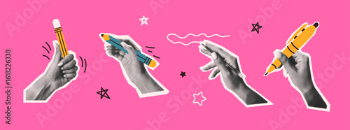 Collage of black and white hands holding vibrant pens on a pink background. Pop art style with playful star accents. Ideal for creative design projects.