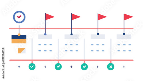 Timeline infographic with milestones flags checkmarks and time management element illustrating project progression and performance with vector design and modern style