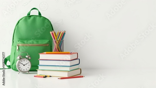 Wallpaper Mural Green backpack with books, colored pencils and alarm clock on white background with school-themed doodles. Ideal for back to school and student supplies Torontodigital.ca