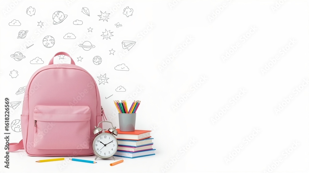 custom made wallpaper toronto digitalPink school backpack with alarm clock, books and colorful pencils on white background with hand-drawn education icons. Perfect for back to school themes