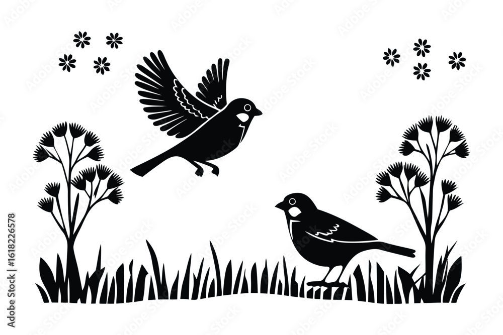 Fototapeta premium Birds in Nature's Embrace: Witness a pair of charming birds engaged in their daily activities. Set amidst an elegant arrangement of natural elements in the great outdoors.
