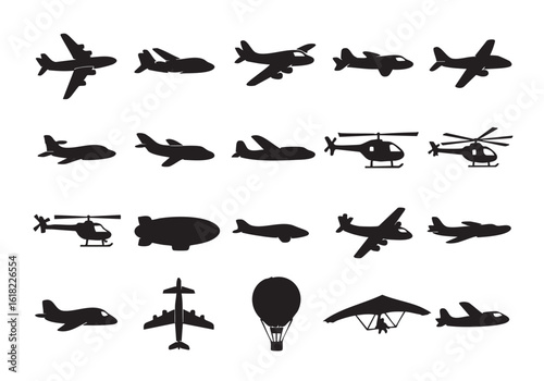 Collection of Plane and Aircraft Silhouette Vector Icons Flying Transportation and Aviation Concept Diverse Airplane Types Helicopter and Hot Air Balloon