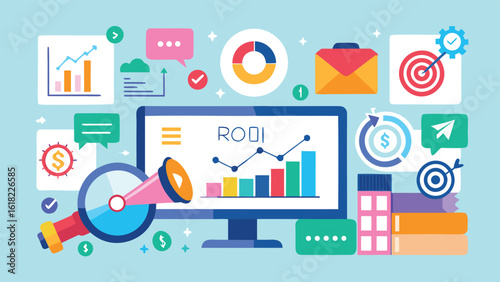 Vector illustration representing roi with statistics,analytics,target,and finance related elements for business and marketing strategies