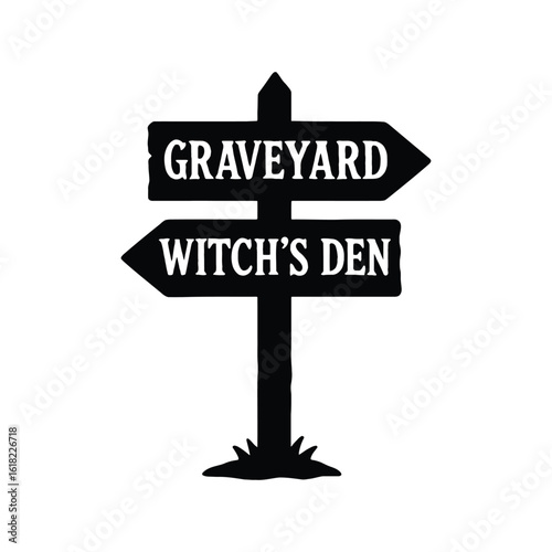 Halloween signpost to graveyard and witch's den vector icon.
