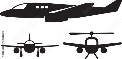 Silhouette of a private jet and two small airplanes isolated on transparent background