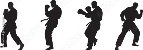 Karate fighters performing martial arts moves isolated on transparent background