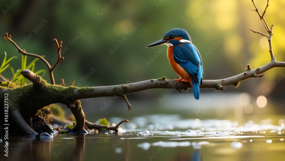 Obraz premium Blue Orange Kingfisher Bird Perch on Moss Branch over Water Reflection 