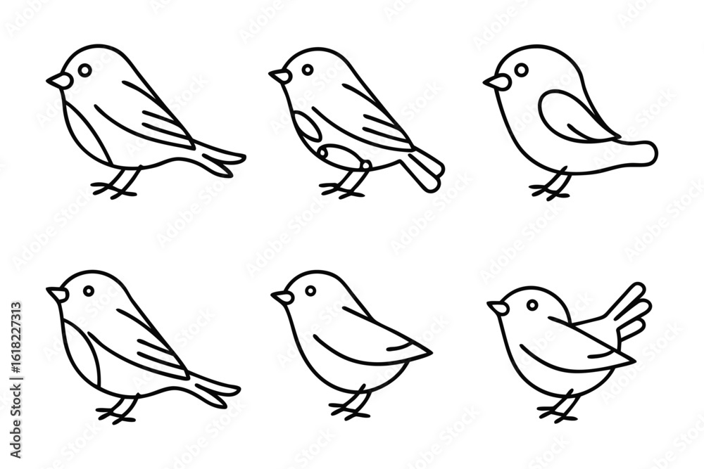 Fototapeta premium Charming Bird Collection: A set of six minimalist line drawings of adorable birds in various poses, each with its unique charm and character. Evoking the essence of avian grace and simplicity.