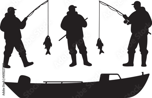 Silhouettes of three fishermen with fishing rods and a boat isolated on transparent background