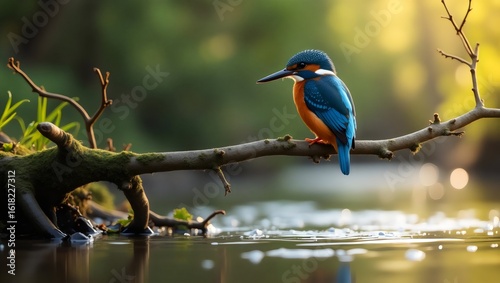 Blue Orange Kingfisher Bird Perch on Moss Branch over Water Reflection
