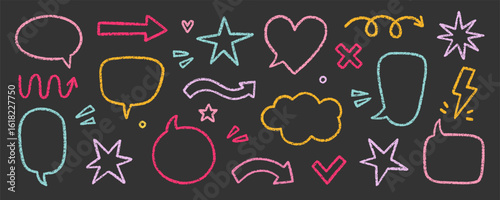 Chalk pencil speech bubbles, arrows and ribbons doodle set. Crayon communication frame, comic talk balloon in sketch style, Grunge texture. Hand drawn vector illustration isolated on white background