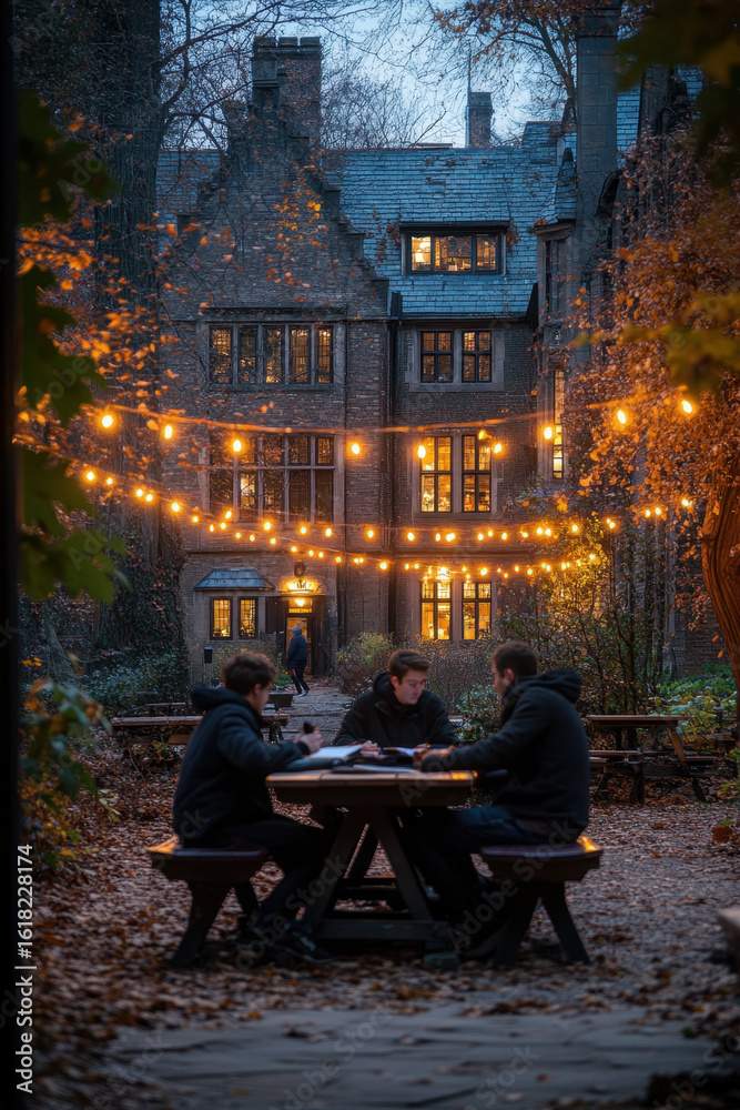 Naklejka premium men sitting at a table outside a house.