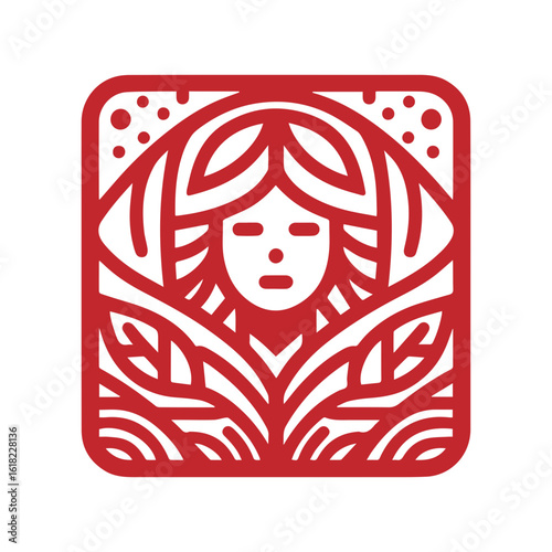 Abstract decorative female face icon in outlined style, black vector art with symmetrical patterns, no fill, suitable for spiritual, ethnic, or modern designs.