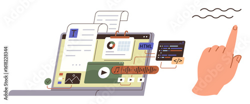 Laptop with multimedia tools, code editor, documents, and media files, accompanied by a hand gesture control. Ideal for digital design, development, creativity, education technology data