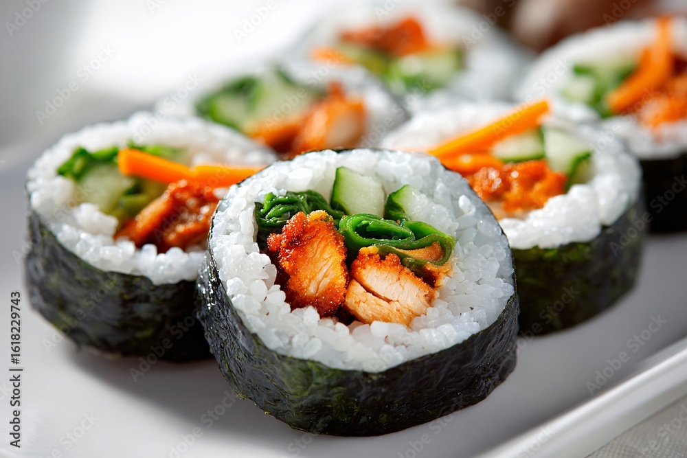 Delicious chicken sushi rolls with rice, seaweed, cucumber Delicious chicken sushi rolls with rice, seaweed, cucumber