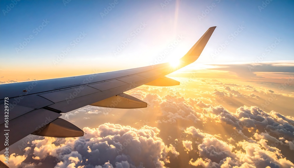 Fototapeta premium Airplane Wing Silhouetted Against Golden Sunset Above Fluffy Clouds