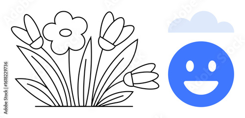 Vibrant bloom of flowers paired with smiling emotion under a minimal cloud. Ideal for happiness, positivity, spring, gardening, growth, optimism, simple landing page