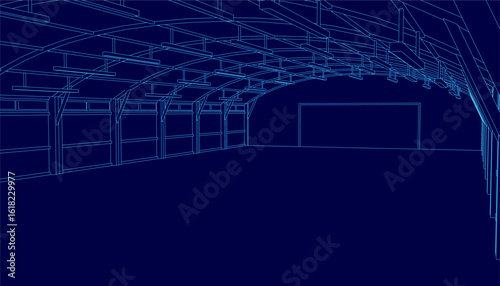 A detailed warehouse blueprint with a blue background displays the interior structure, including walls, ceiling, and precise contours. The technical drawing highlights architectural elements.