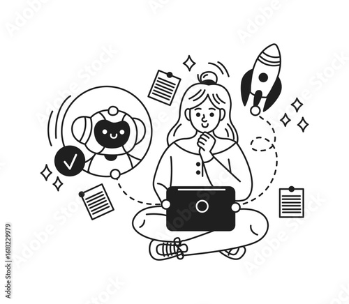 Illustration of a thoughtful woman using a laptop. Surrounded by AI symbols and documents, suggesting innovation and technology in a futuristic style. Monochrome palette.
