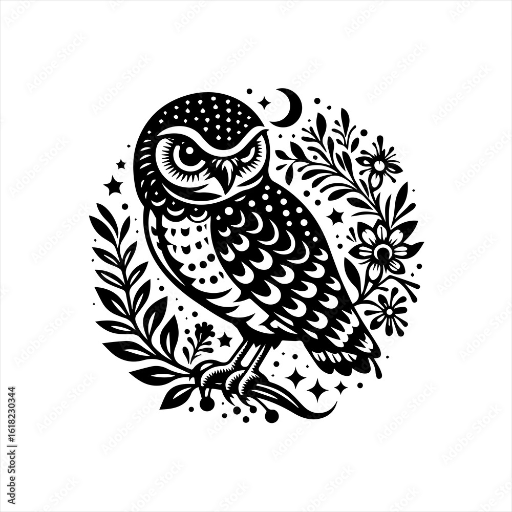 Obraz premium Mystical Owl with Floral and Celestial Elements.