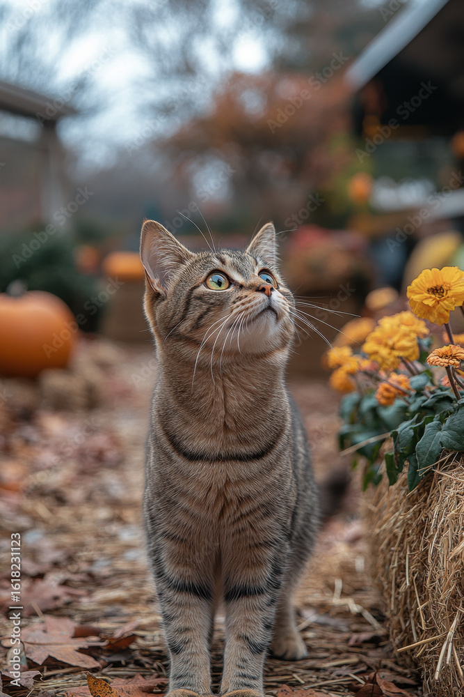 Fototapeta premium Cat standing next to pumpkin in leaves.