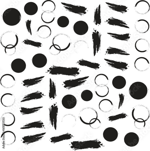 Mega bundle of different ink brush strokes:rectangle,square and round freehand drawings.Ink splatters,grungy painted lines,artistic design elements:waves,circles,triangles.Vector paintbrush