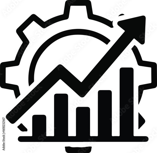 Business growth and performance improvement icon with upward trend arrow and gear isolated on white background
