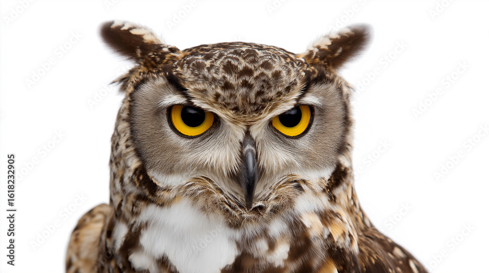 Fototapeta premium Close-up portrait of a great horned owl staring directly at the camera on white background. 